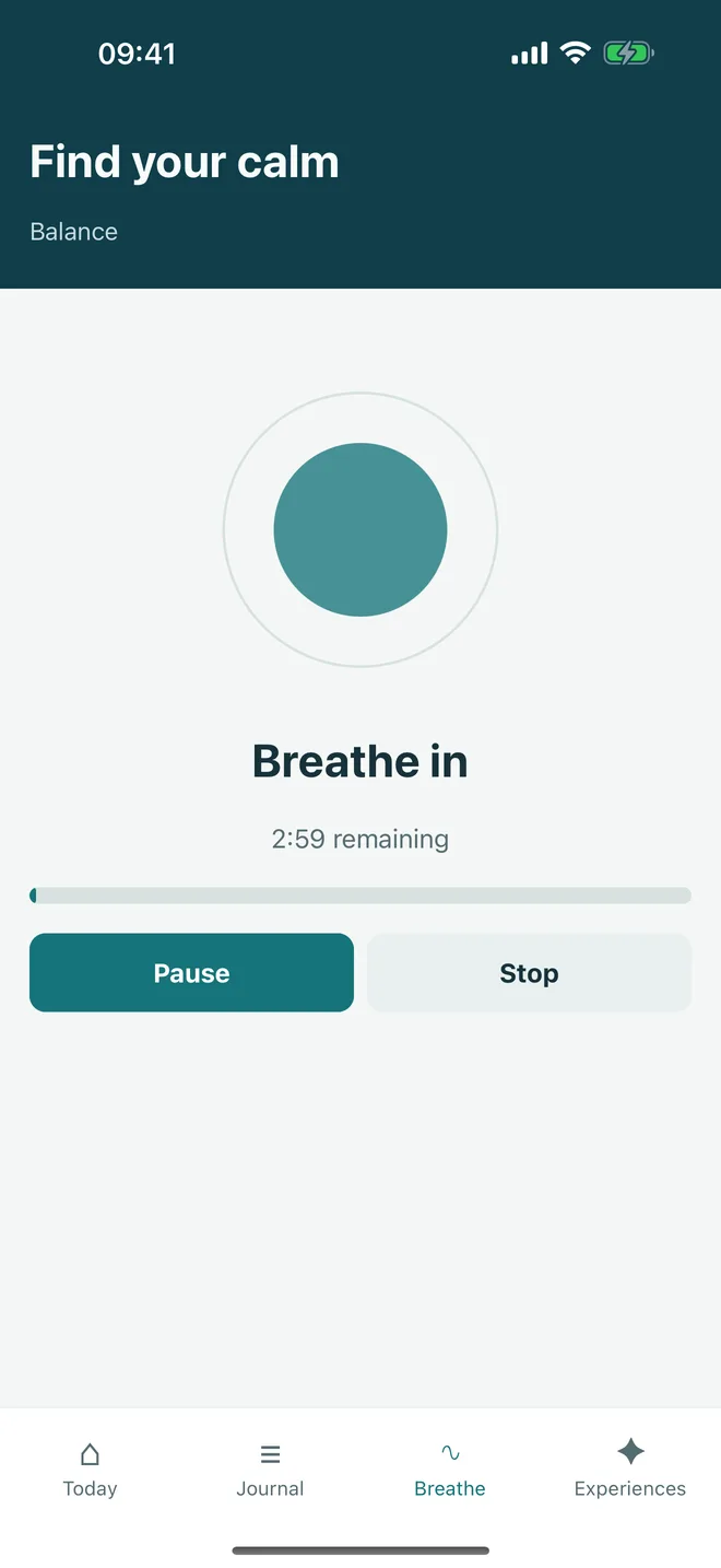The recommended three-minute Balanced breathing rhythm with pause and stop controls.