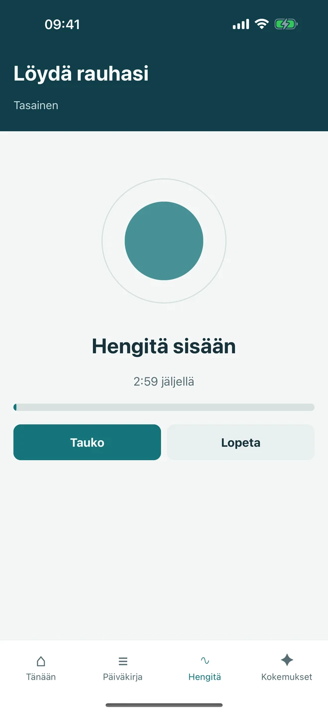 Suositeltu kolmen minuutin Tasapainoinen-hengitysrytmi sekä tauko- ja lopetuspainikkeet.