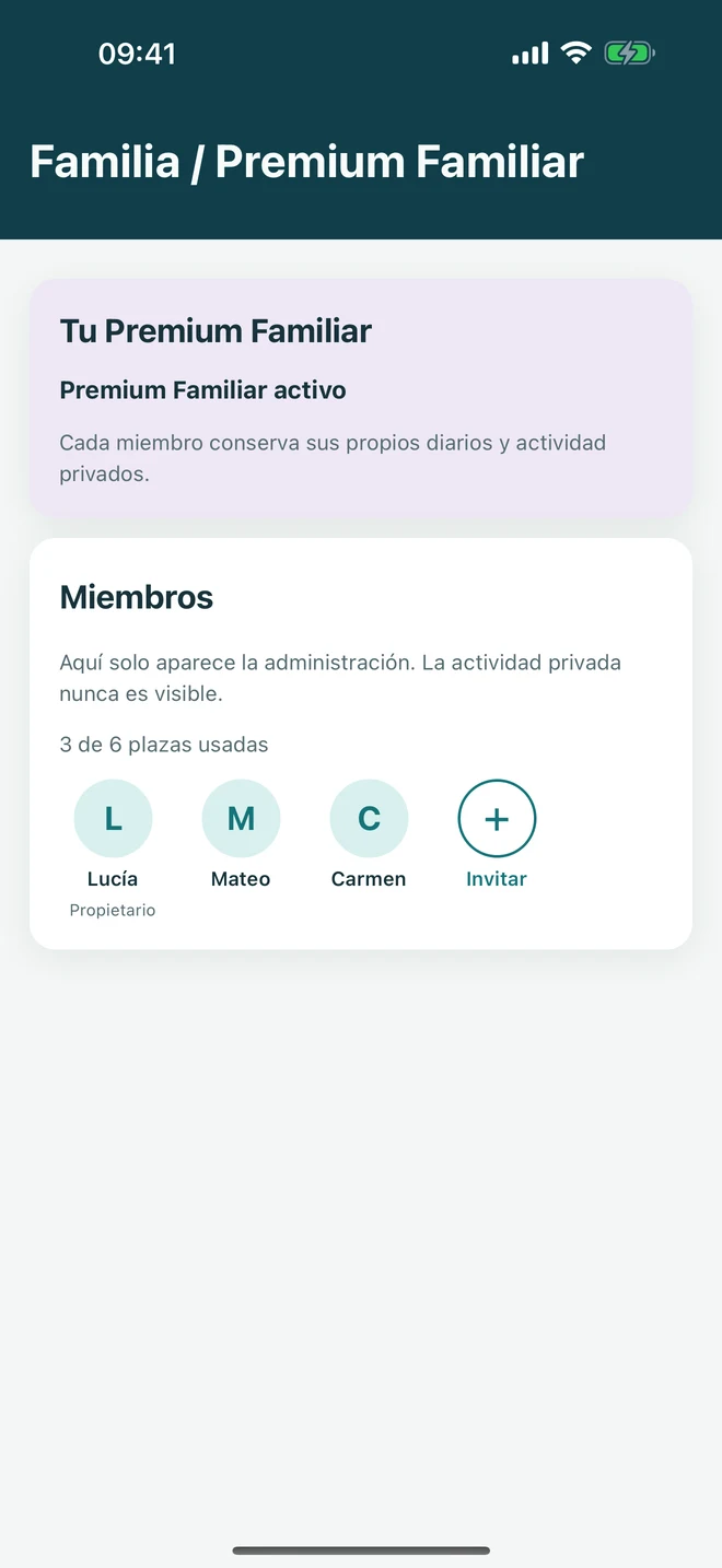 La gestión de la membresía Familiar mientras el espacio privado de práctica de cada persona permanece separado.