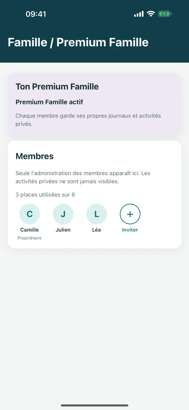 Écran Famille Ataraxia avec comptes indépendants