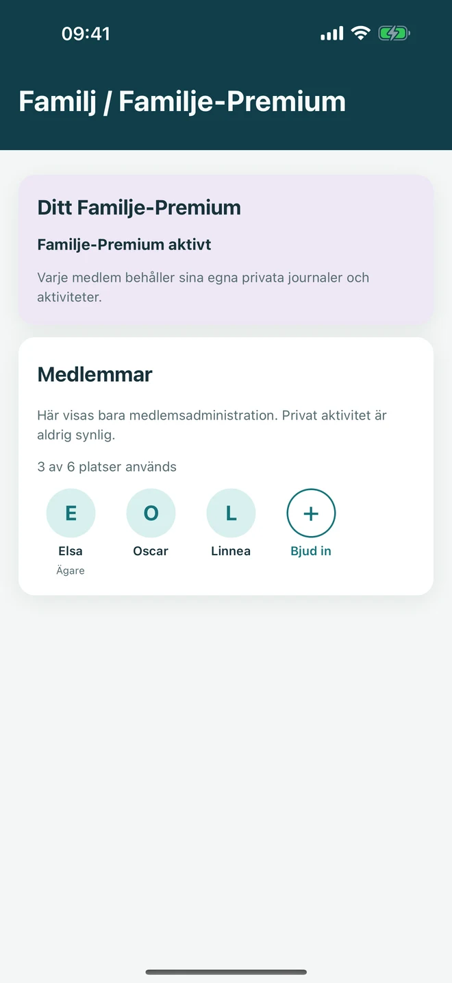 Hantering av ett Familjeabonnemang där varje persons privata övningsutrymme förblir åtskilt.