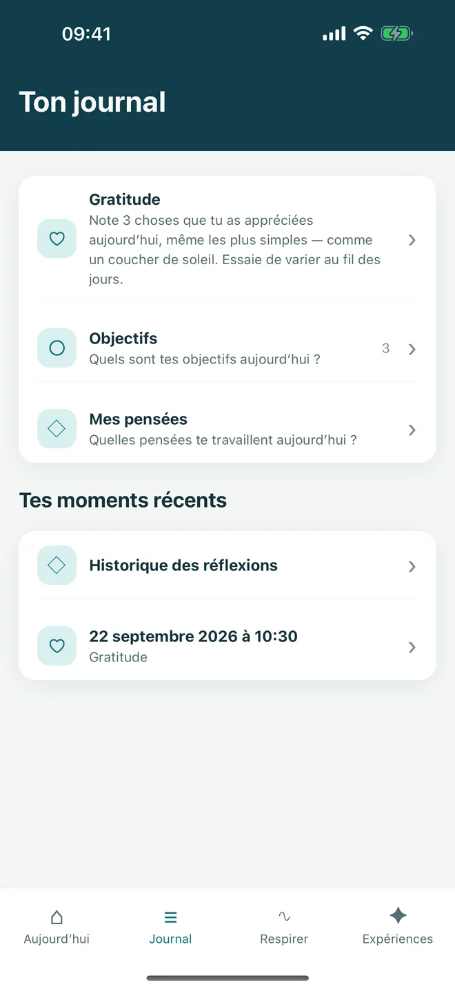 Journal Ataraxia avec l’accès aux Objectifs pour choisir une petite action du jour