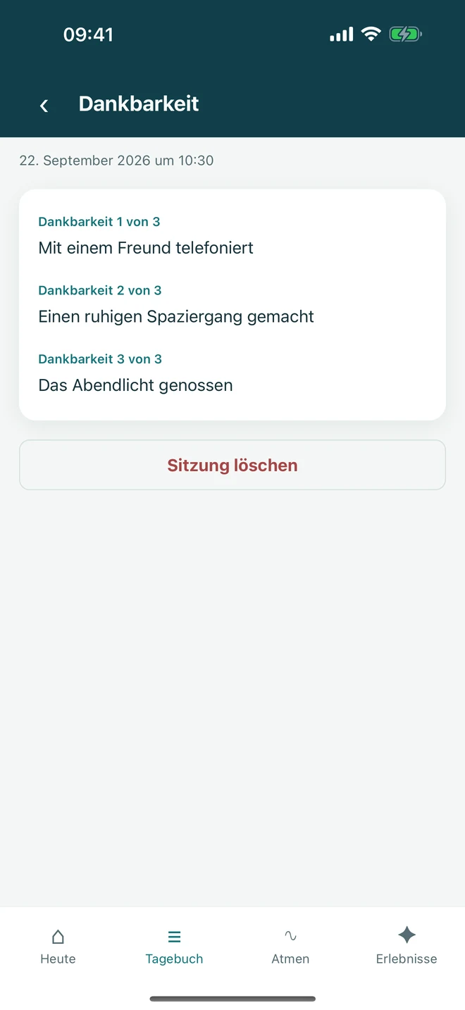 Eine Dankbarkeitsübung mit einem ersten Eintrag und zwei freiwilligen Ergänzungen ohne erzwungene Positivität.