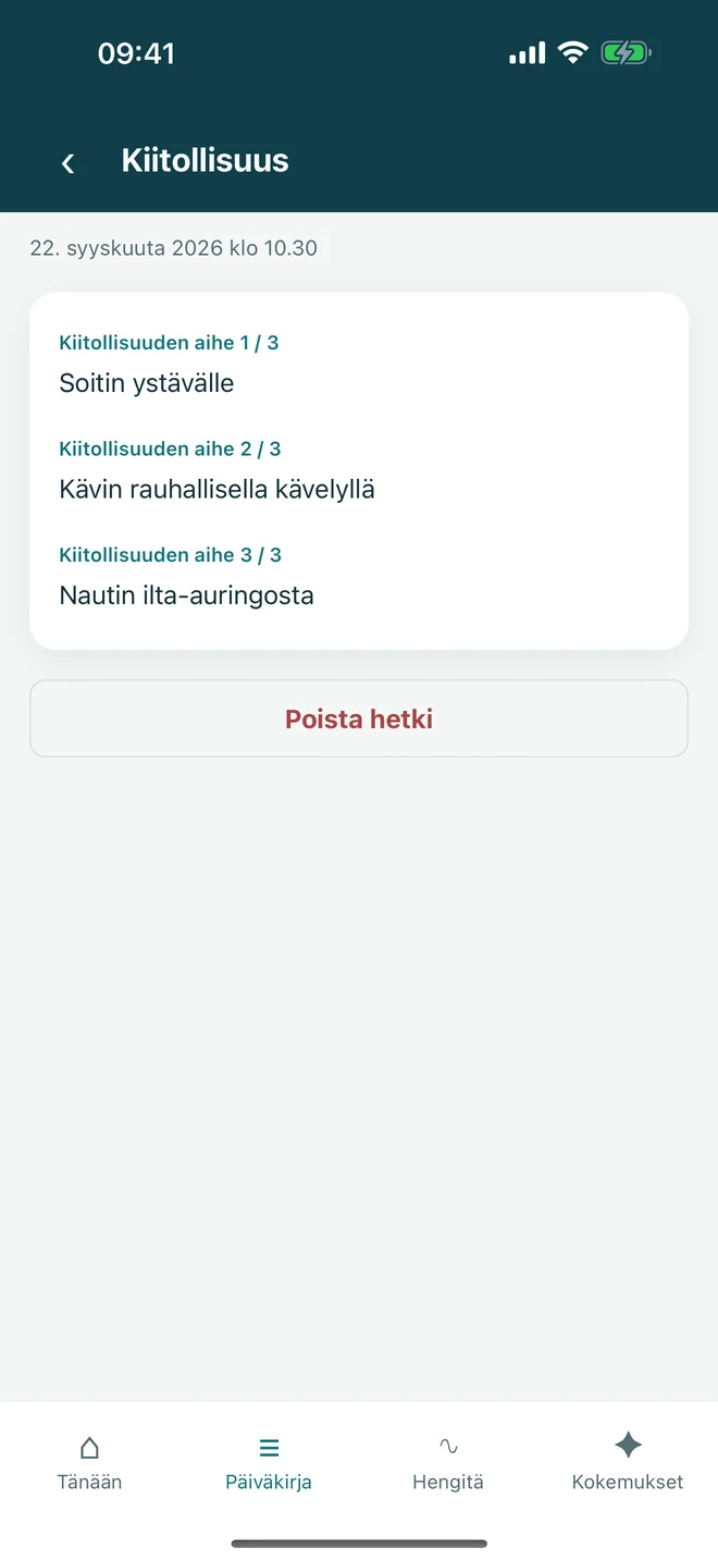 Kiitollisuusharjoitus, jossa on yksi ensimmäinen merkintä ja kaksi vapaaehtoista lisäystä ilman pakotettua myönteisyyttä.