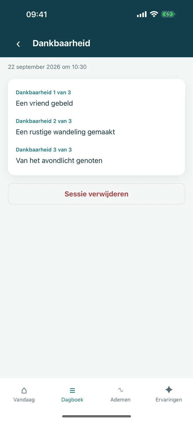 Een dankbaarheidsoefening met één eerste invoer en twee optionele aanvullingen, zonder gedwongen positiviteit.