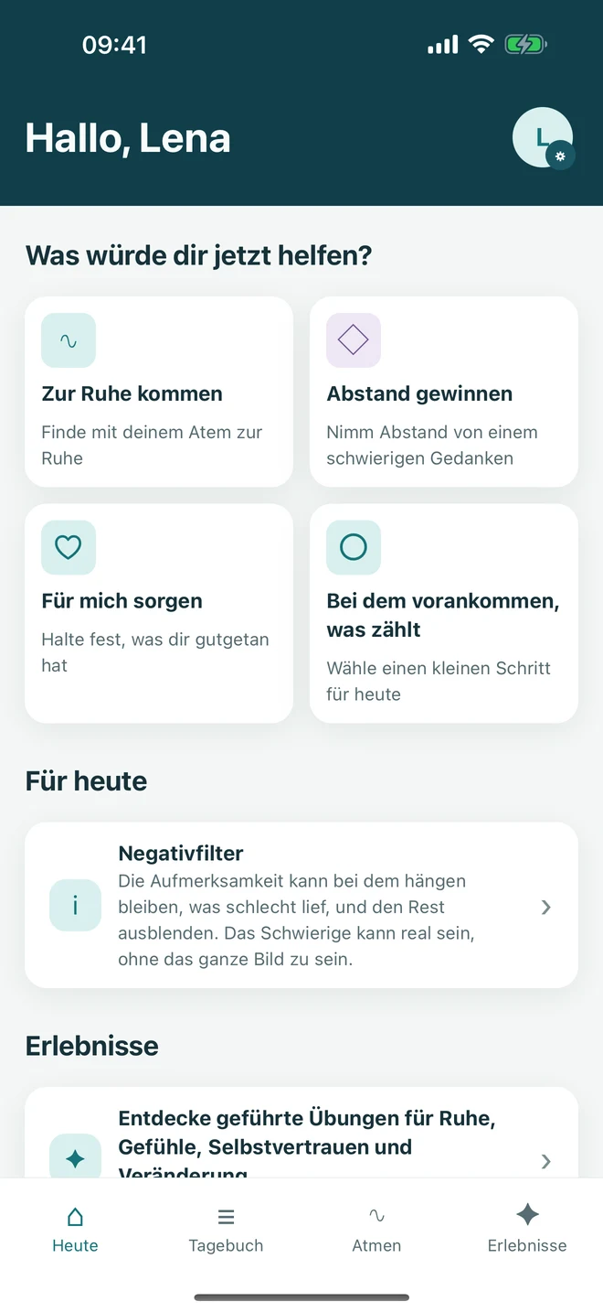 Ataraxias Heute-Ansicht mit vier kurzen, bedürfnisorientierten Möglichkeiten und einer deterministischen Entdeckung.