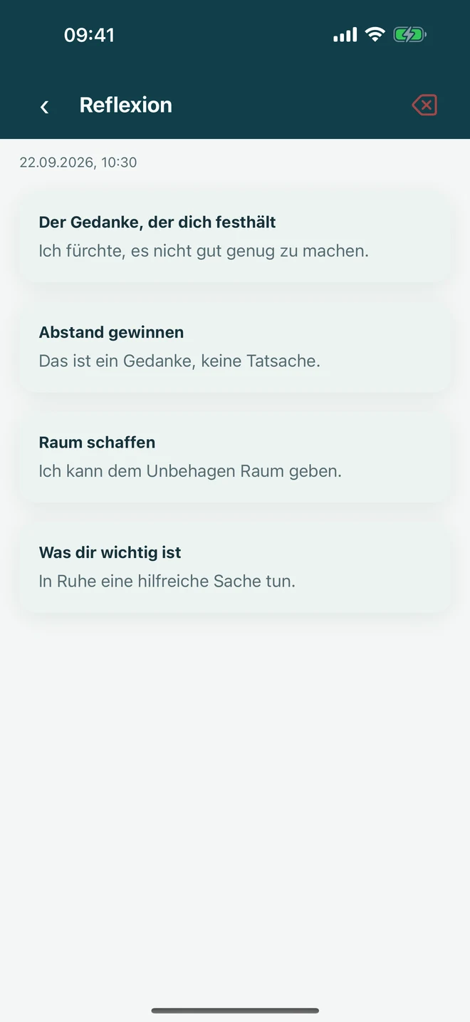 Eine ACT-Reflexion, die einen schwierigen Gedanken von einer Tatsache trennt und zu einer gewählten Richtung zurückführt.