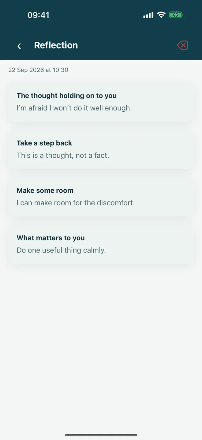 An ACT reflection that separates a difficult thought from a fact and returns to a chosen direction.