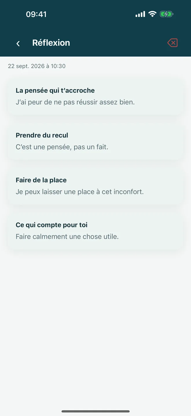 Une réflexion ACT qui distingue une pensée difficile d’un fait et revient à une direction choisie.