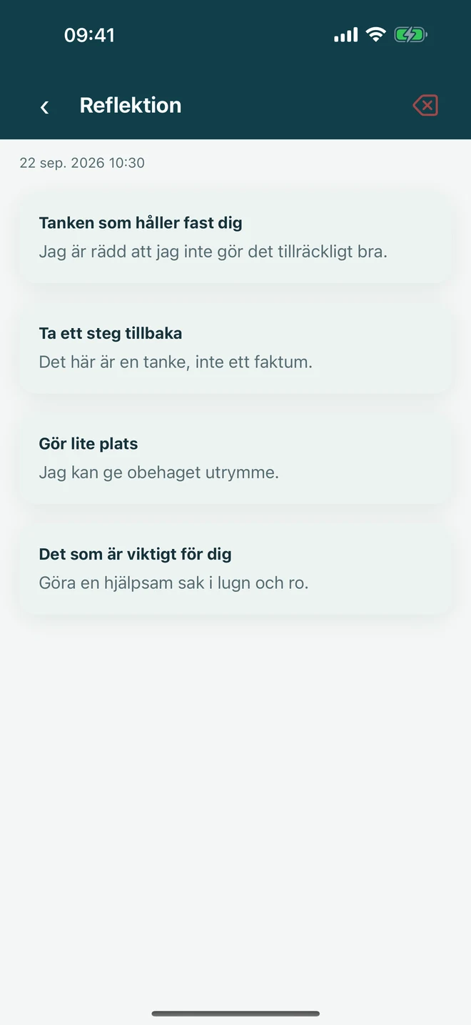 En ACT-reflektion som skiljer en svår tanke från ett faktum och återvänder till en vald riktning.